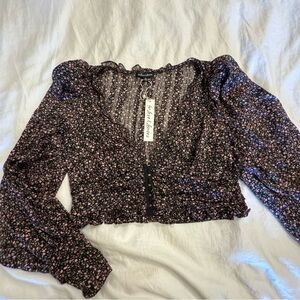 For Love & Lemons Sheer Floral Blouson Sleeve Cropped Blouse - Sz: XL